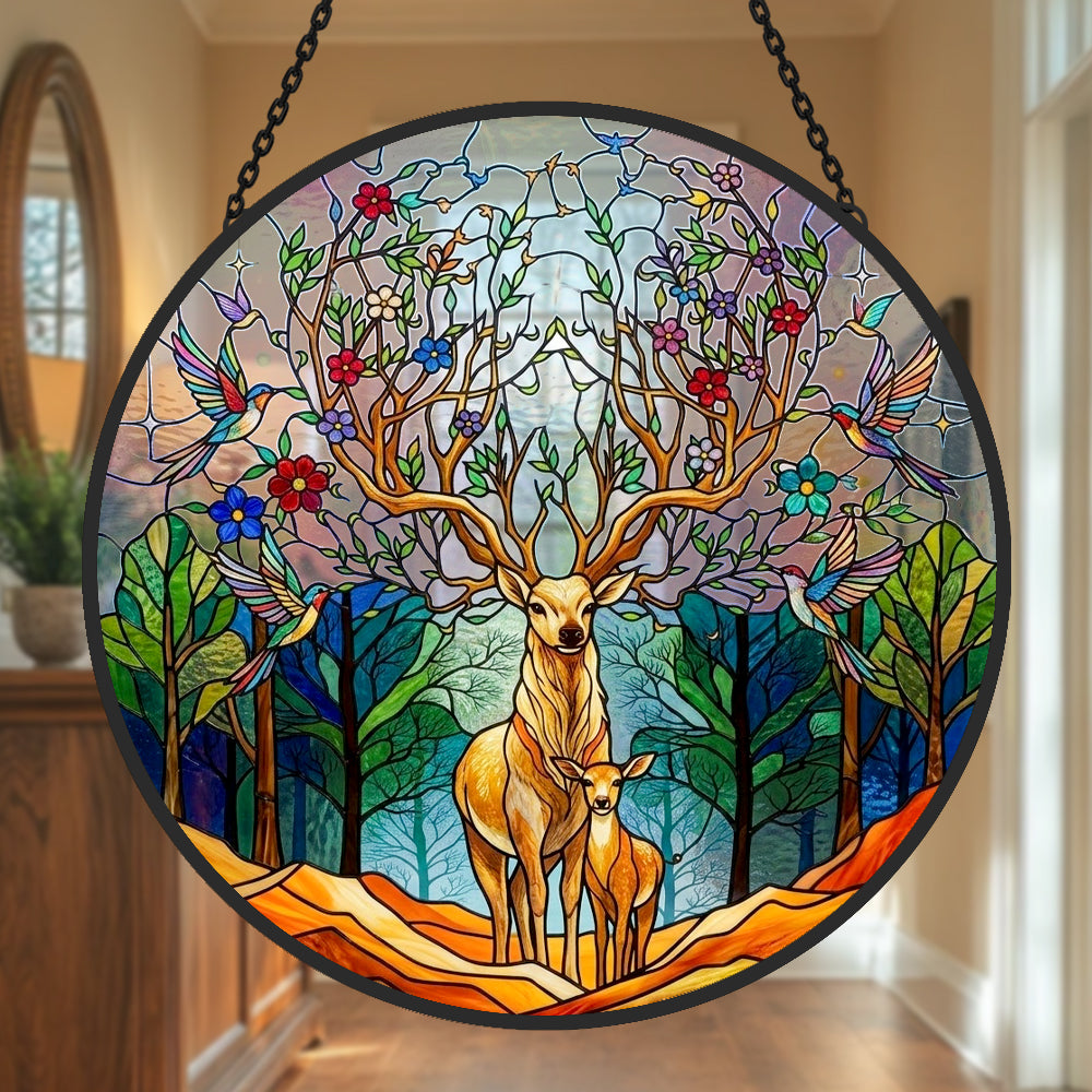 Stag and fawn in woodland stained glass suncatcher window hanging, suitable for home and garden decoration