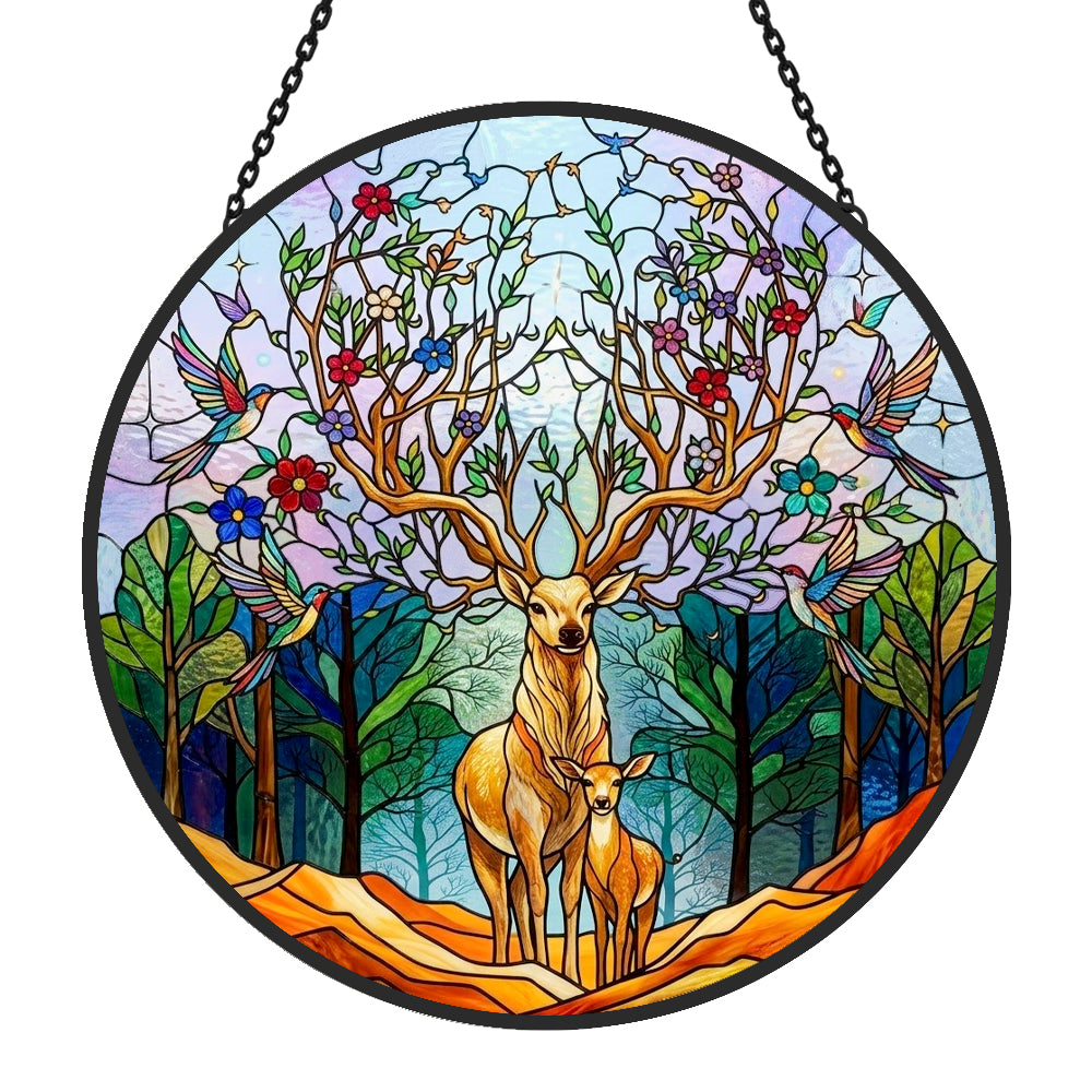 Stag and fawn in woodland stained glass suncatcher window hanging, suitable for home and garden decoration 