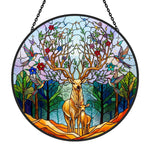 Stag and fawn in woodland stained glass suncatcher window hanging, suitable for home and garden decoration 