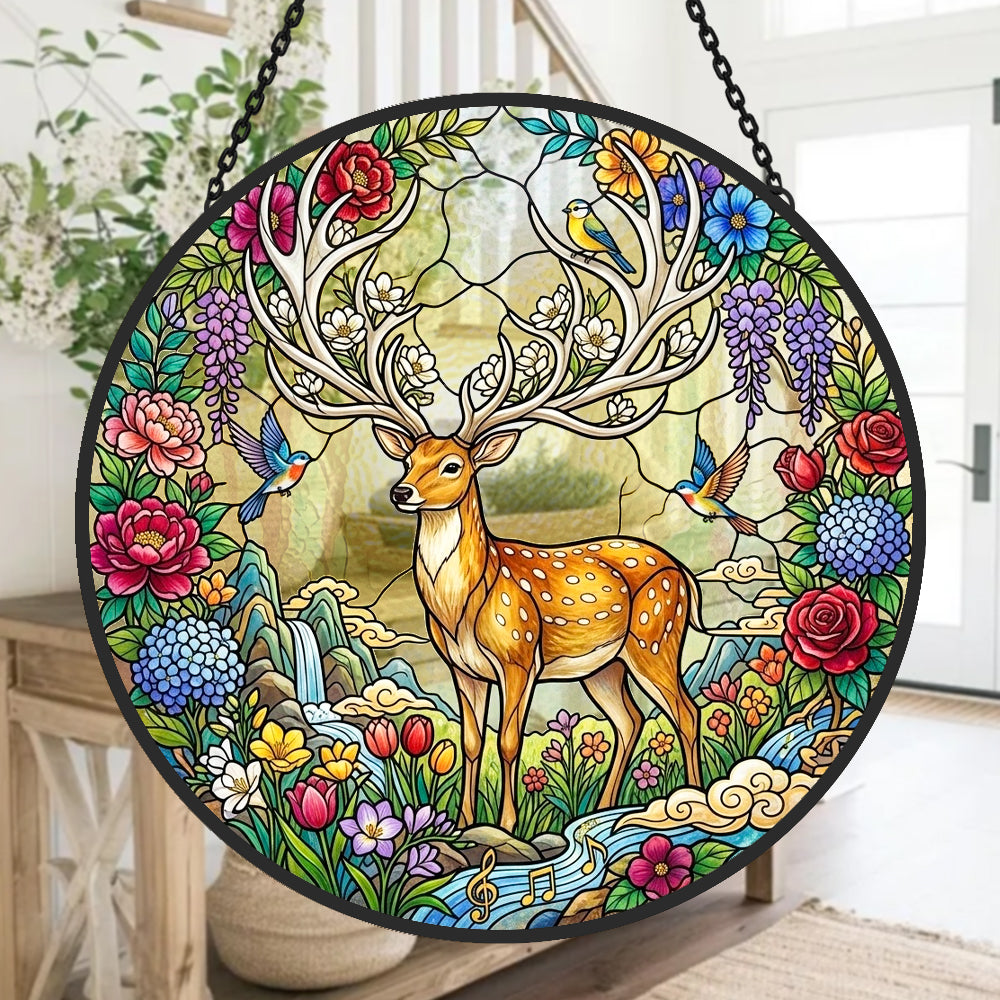 Stag in floral garden stained glass suncatcher window hanging, suitable for home and garden decoration 