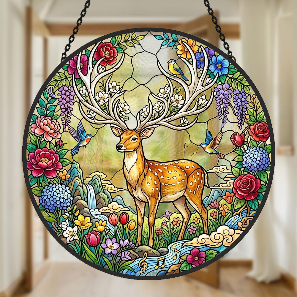 Stag in floral garden stained glass suncatcher window hanging, suitable for home and garden decoration 
