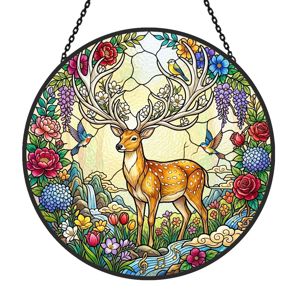  Stag in floral garden stained glass suncatcher window hanging, suitable for home and garden decoration