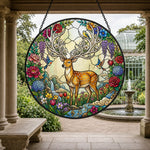 Stag in floral garden stained glass suncatcher window hanging, suitable for home and garden decoration
