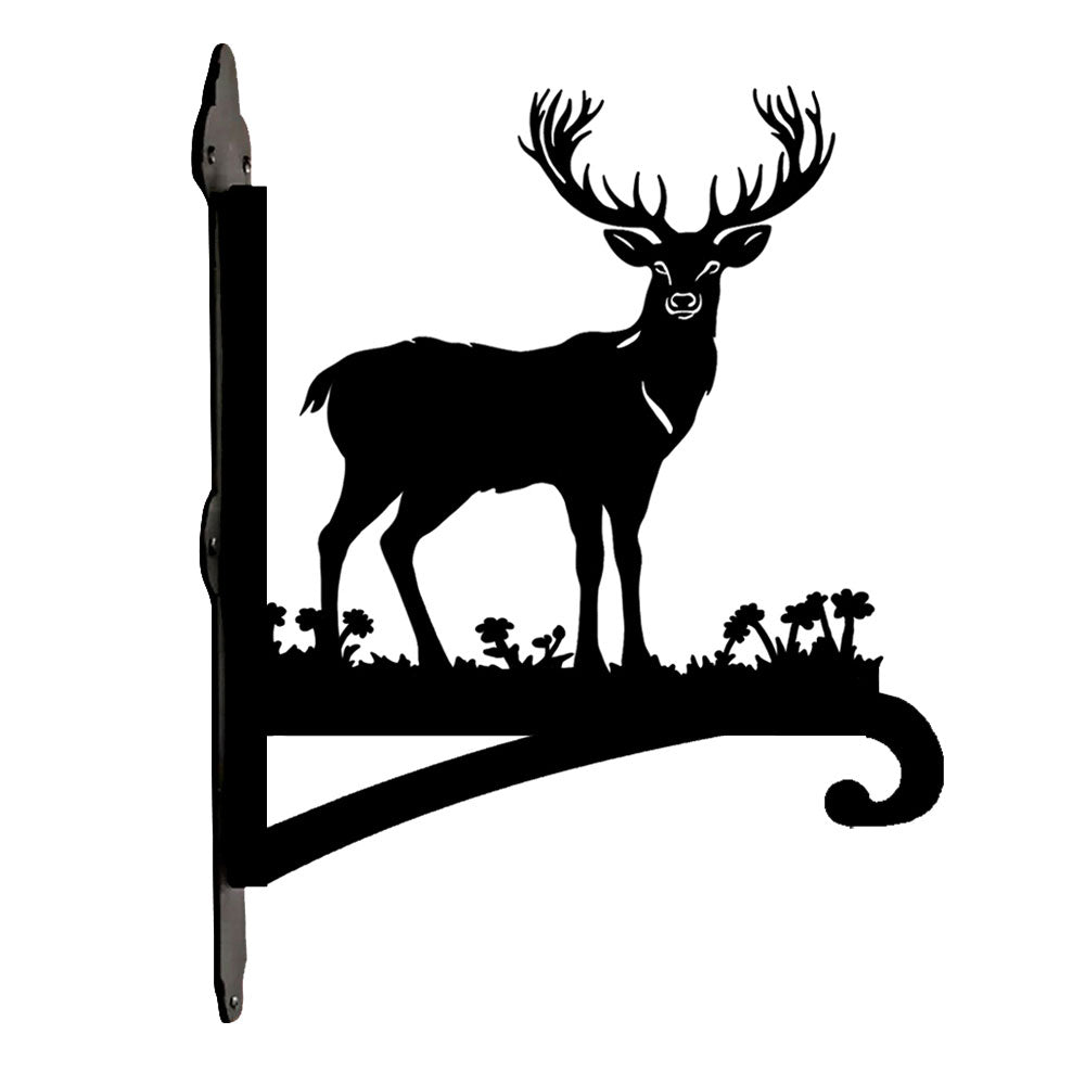 Stag in meadow metal hanging basket bracket mounted on outdoor wall for plant decoration
