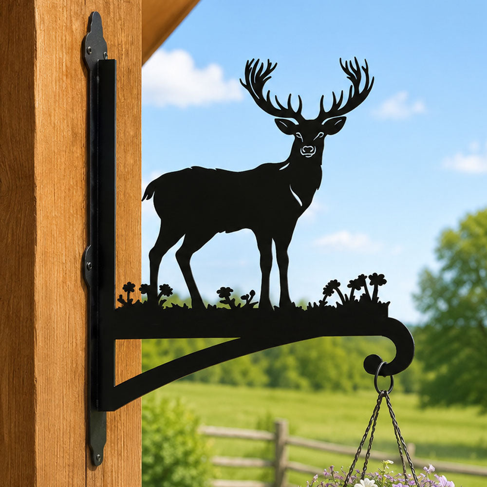Stag in meadow metal hanging basket bracket mounted on outdoor wall for plant decoration