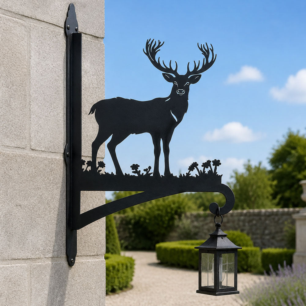 Stag in meadow metal hanging basket bracket mounted on outdoor wall for plant decoration