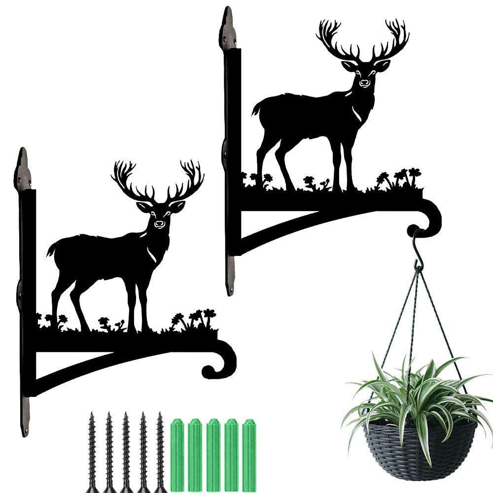Stag in meadow metal hanging basket bracket mounted on outdoor wall for plant decoration