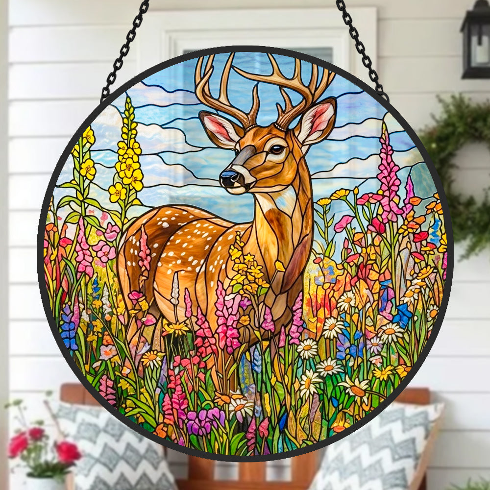Stag in wildflower meadow stained glass suncatcher window hanging, suitable for home and garden decoration 