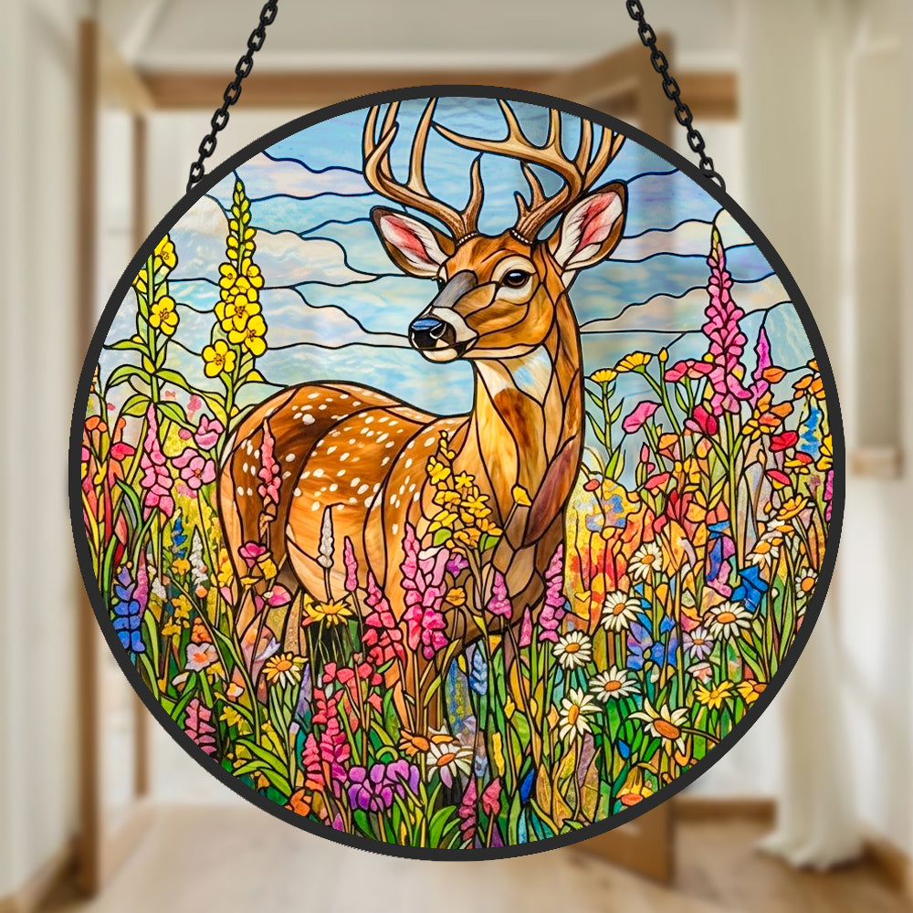 Stag in wildflower meadow stained glass suncatcher window hanging, suitable for home and garden decoration 