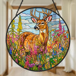 Stag in wildflower meadow stained glass suncatcher window hanging, suitable for home and garden decoration 