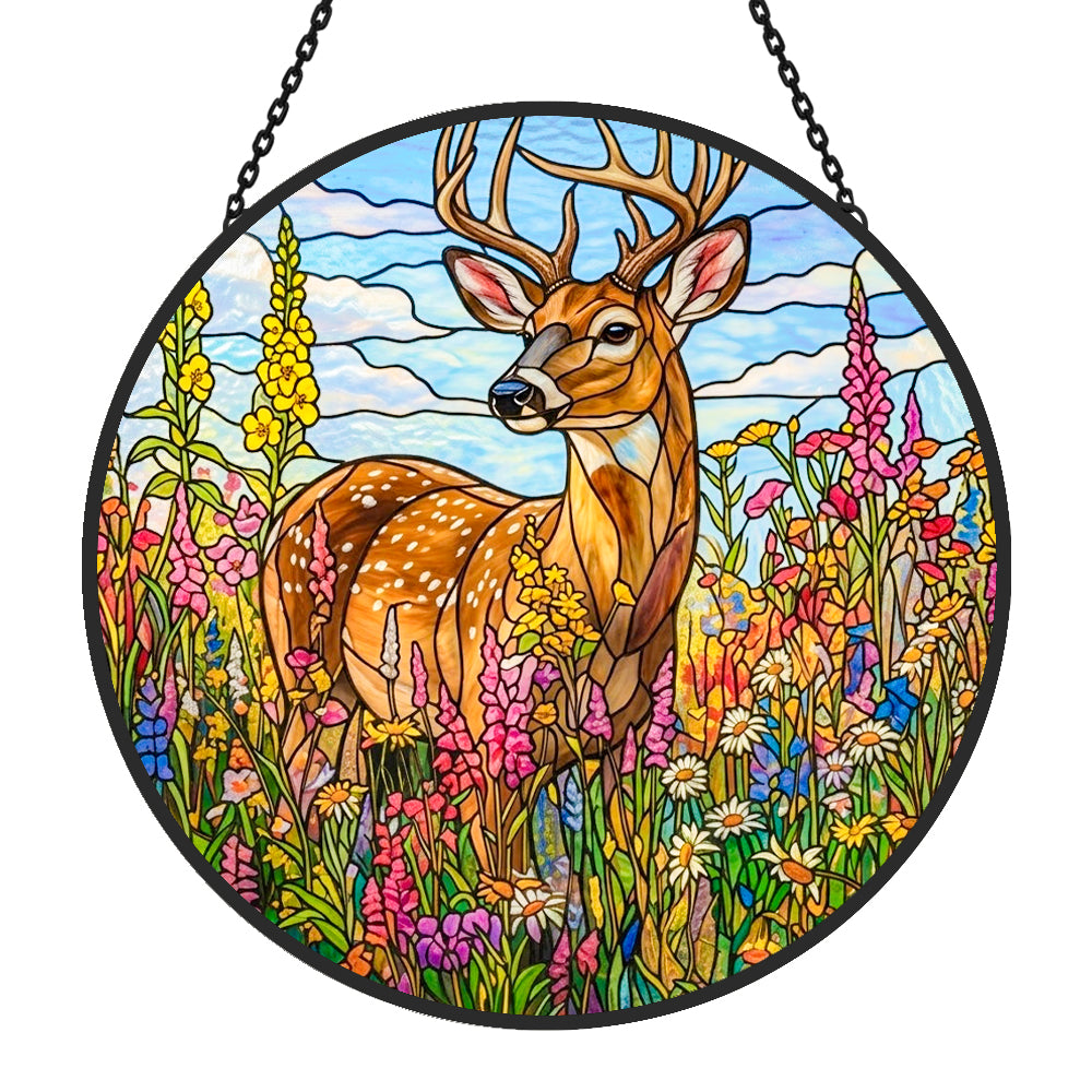 Stag in wildflower meadow stained glass suncatcher window hanging, suitable for home and garden decoration 