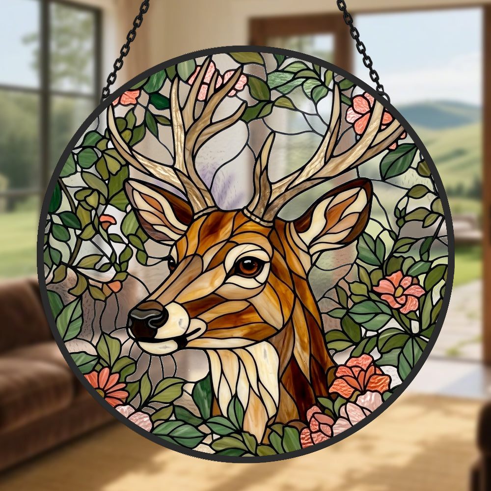Stag with flowers stained glass suncatcher window hanging, suitable for home and garden decoration