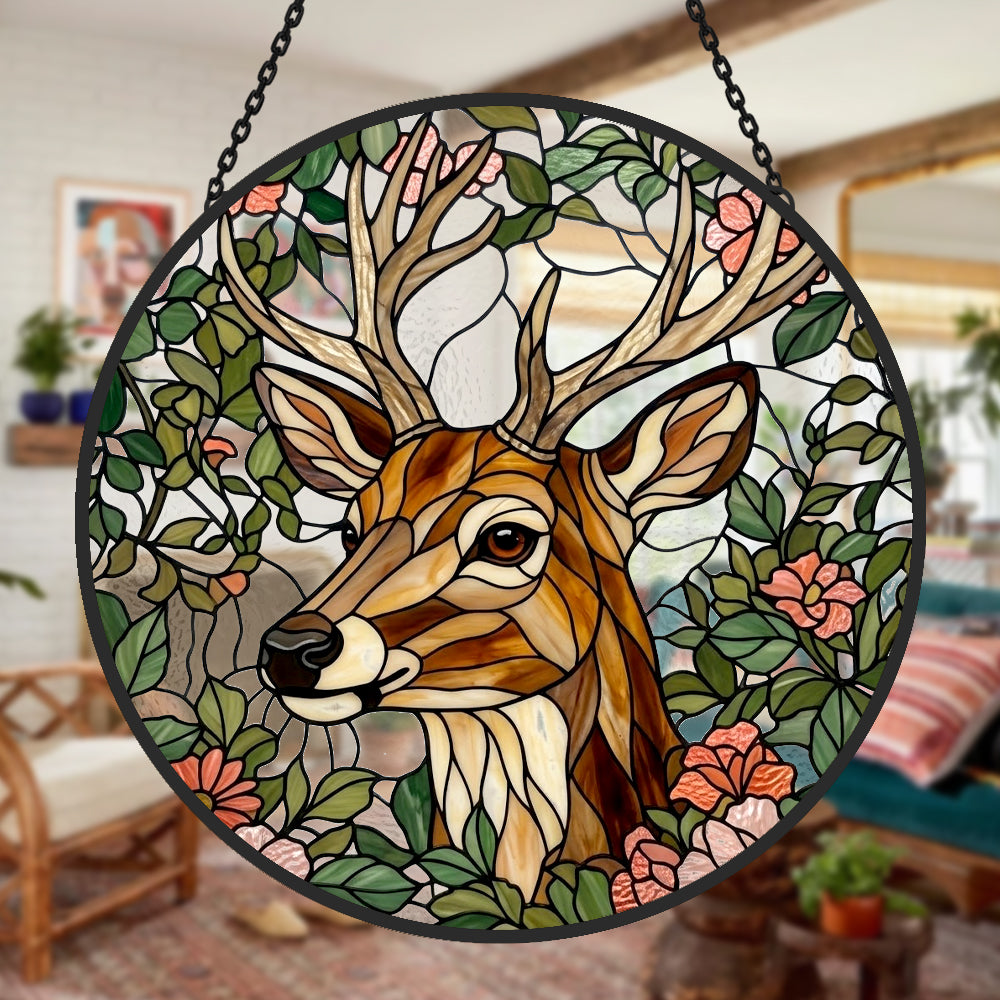 Stag with flowers stained glass suncatcher window hanging, suitable for home and garden decoration 