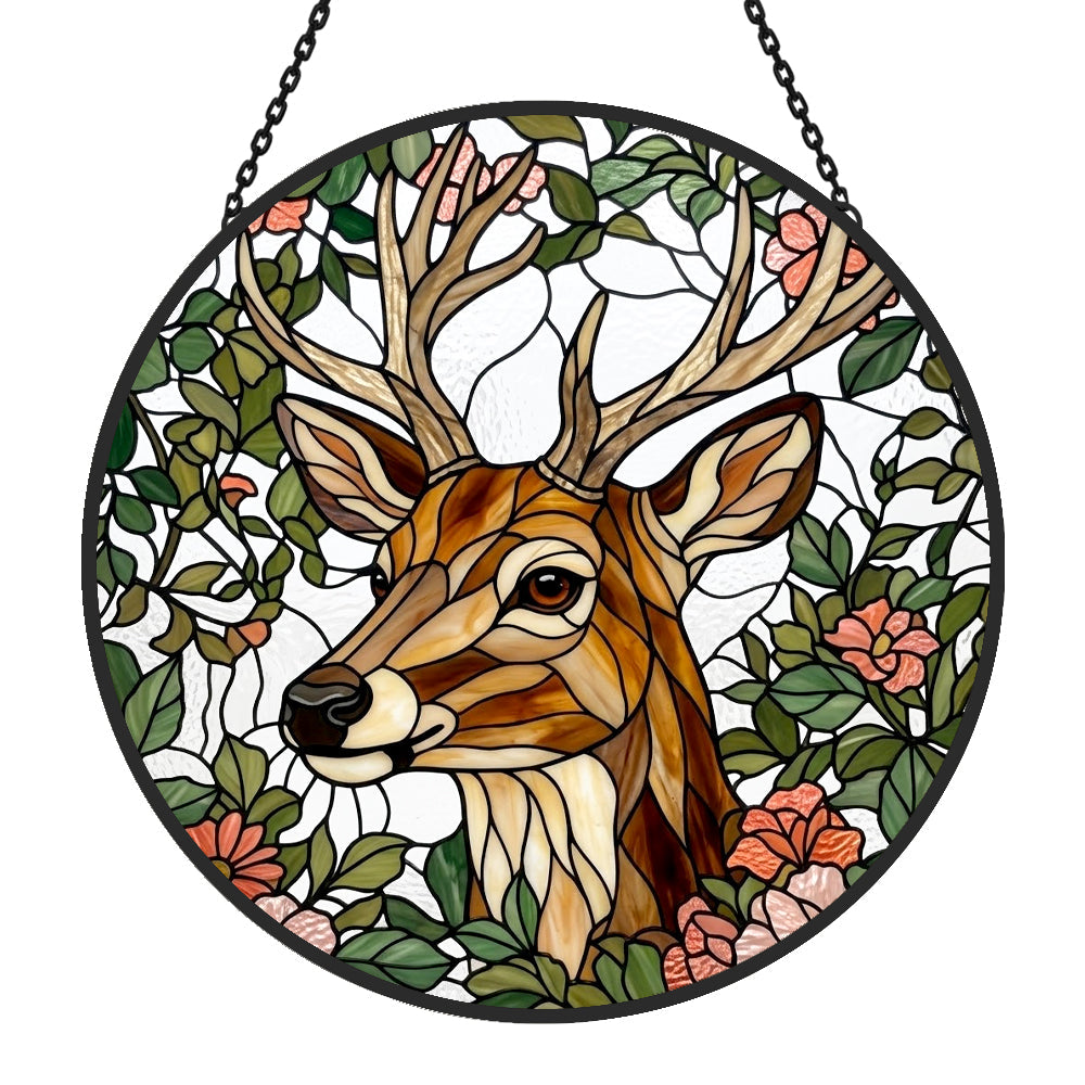 Stag with flowers stained glass suncatcher window hanging, suitable for home and garden decoration 