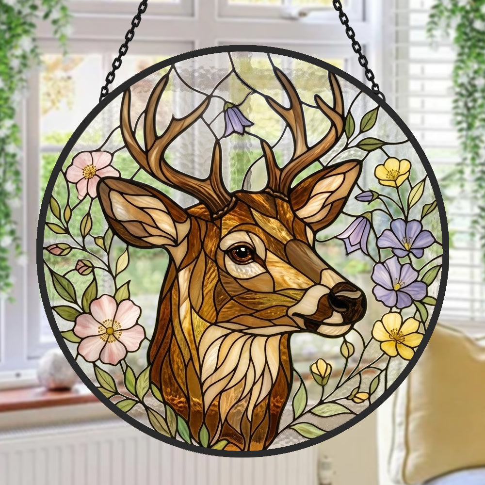 Stag with wildflowers stained glass suncatcher window hanging, suitable for home and garden decoration