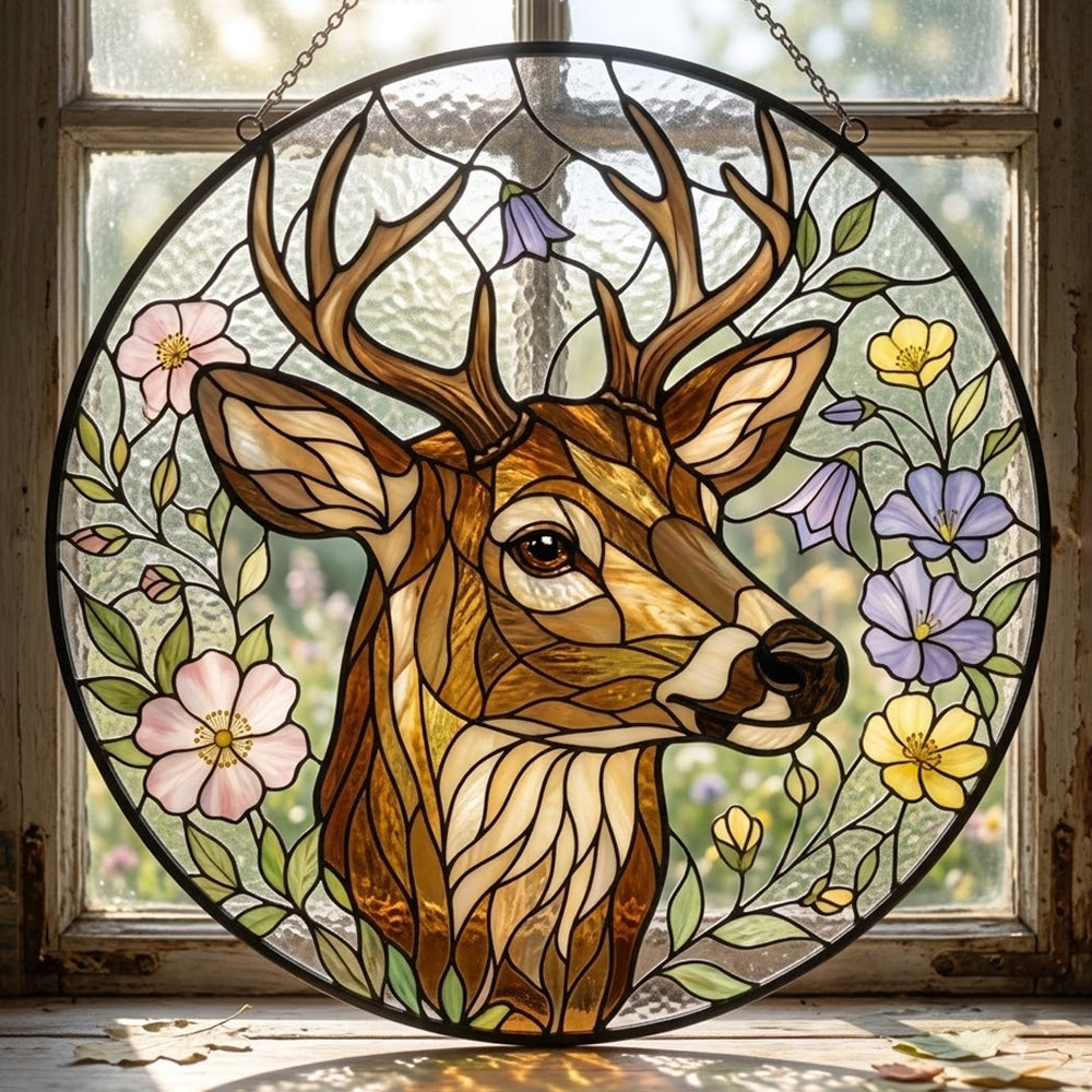 Stag with wildflowers stained glass suncatcher window hanging, suitable for home and garden decoration