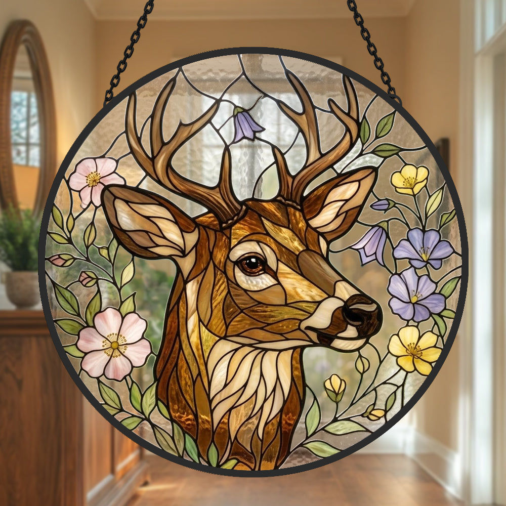 Stag with wildflowers stained glass suncatcher window hanging, suitable for home and garden decoration 