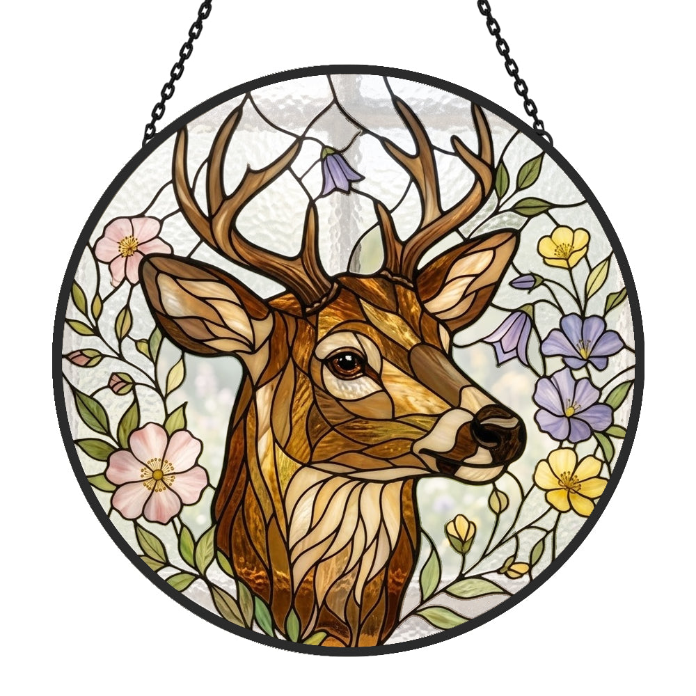 Stag with wildflowers stained glass suncatcher window hanging, suitable for home and garden decoration 