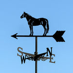 Standing horse metal weather vane with directional arrows and mounting rod, outdoor roof and garden decoration