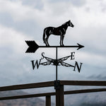 Standing horse metal weather vane with directional arrows and mounting rod, outdoor roof and garden decoration