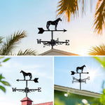 Standing horse metal weather vane with directional arrows and mounting rod, outdoor roof and garden decoration