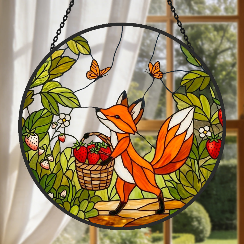 Strawberry garden fox stained glass suncatcher window hanging, suitable for home and garden decoration 