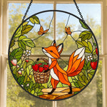 Strawberry garden fox stained glass suncatcher window hanging, suitable for home and garden decoration 