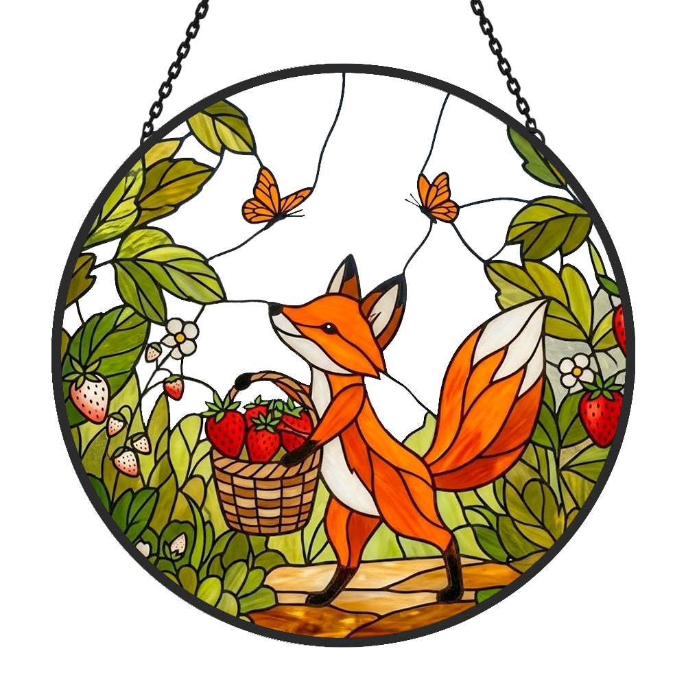 Strawberry garden fox stained glass suncatcher window hanging, suitable for home and garden decoration 
