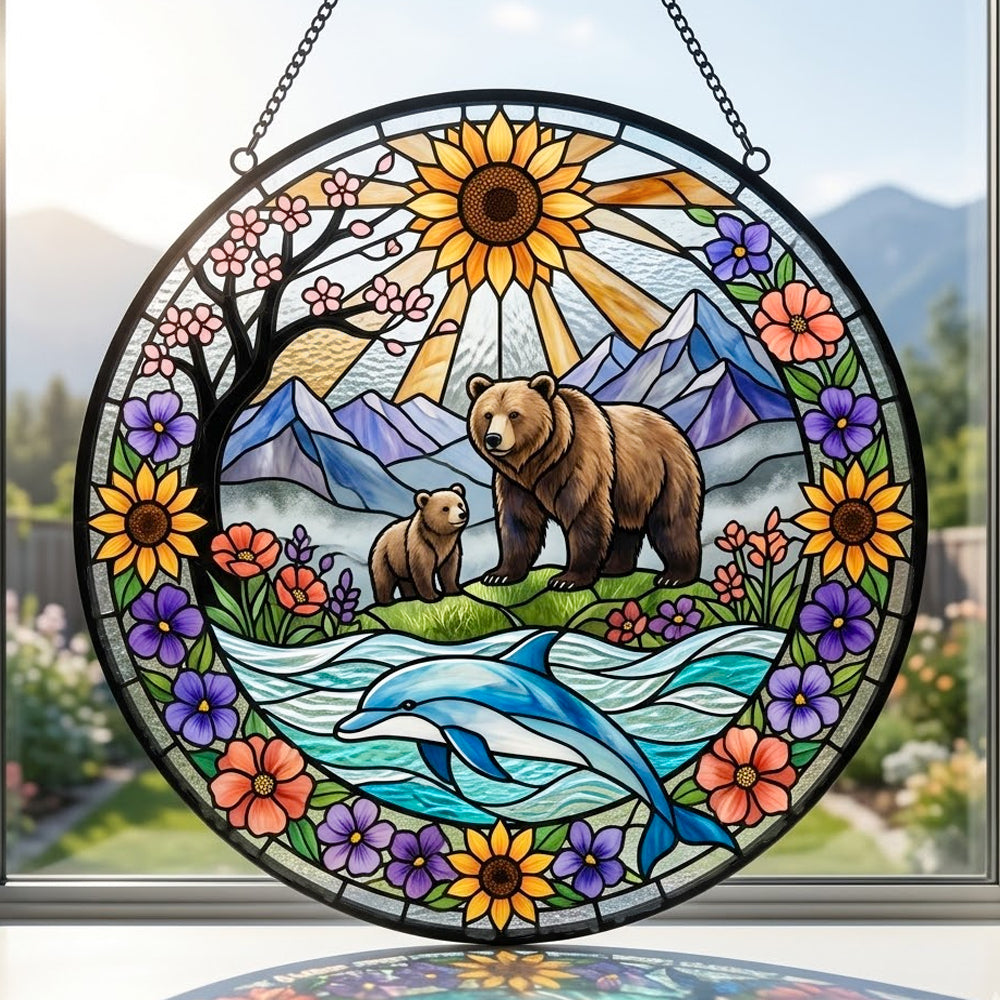 Sunflower bear and dolphin stained glass suncatcher window hanging, suitable for home and garden decoration 