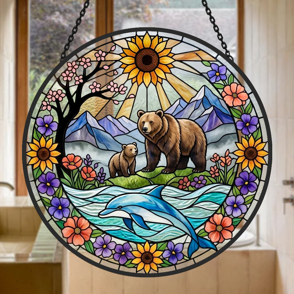 Sunflower bear and dolphin stained glass suncatcher window hanging, suitable for home and garden decoration 