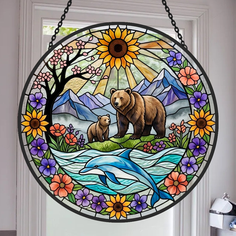 Sunflower bear and dolphin stained glass suncatcher window hanging, suitable for home and garden decoration 