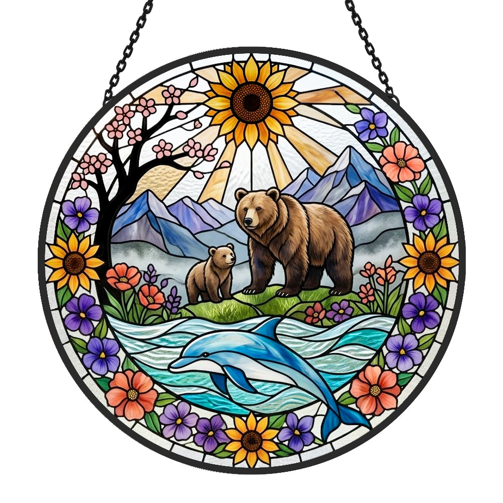 Sunflower bear and dolphin stained glass suncatcher window hanging, suitable for home and garden decoration 
