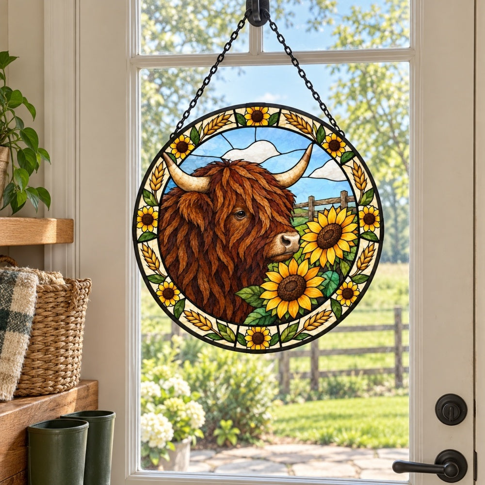Sunflower highland cattle stained glass suncatcher window hanging, suitable for home and garden decoration