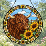 Sunflower highland cattle stained glass suncatcher window hanging, suitable for home and garden decoration