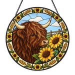 Sunflower highland cattle stained glass suncatcher window hanging, suitable for home and garden decoration