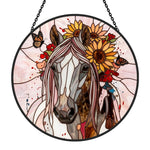 Sunflower stallion with butterflies stained glass suncatcher window hanging, suitable for home and garden decoration