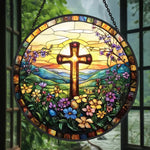 Sunrise cross and wildflowers stained glass suncatcher window hanging, suitable for home and garden decoration