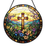 Sunrise cross and wildflowers stained glass suncatcher window hanging, suitable for home and garden decoration