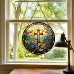 Sunrise cross and wildflowers stained glass suncatcher window hanging, suitable for home and garden decoration