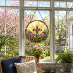 Sunrise cross stained glass suncatcher window hanging, suitable for home and garden decoration