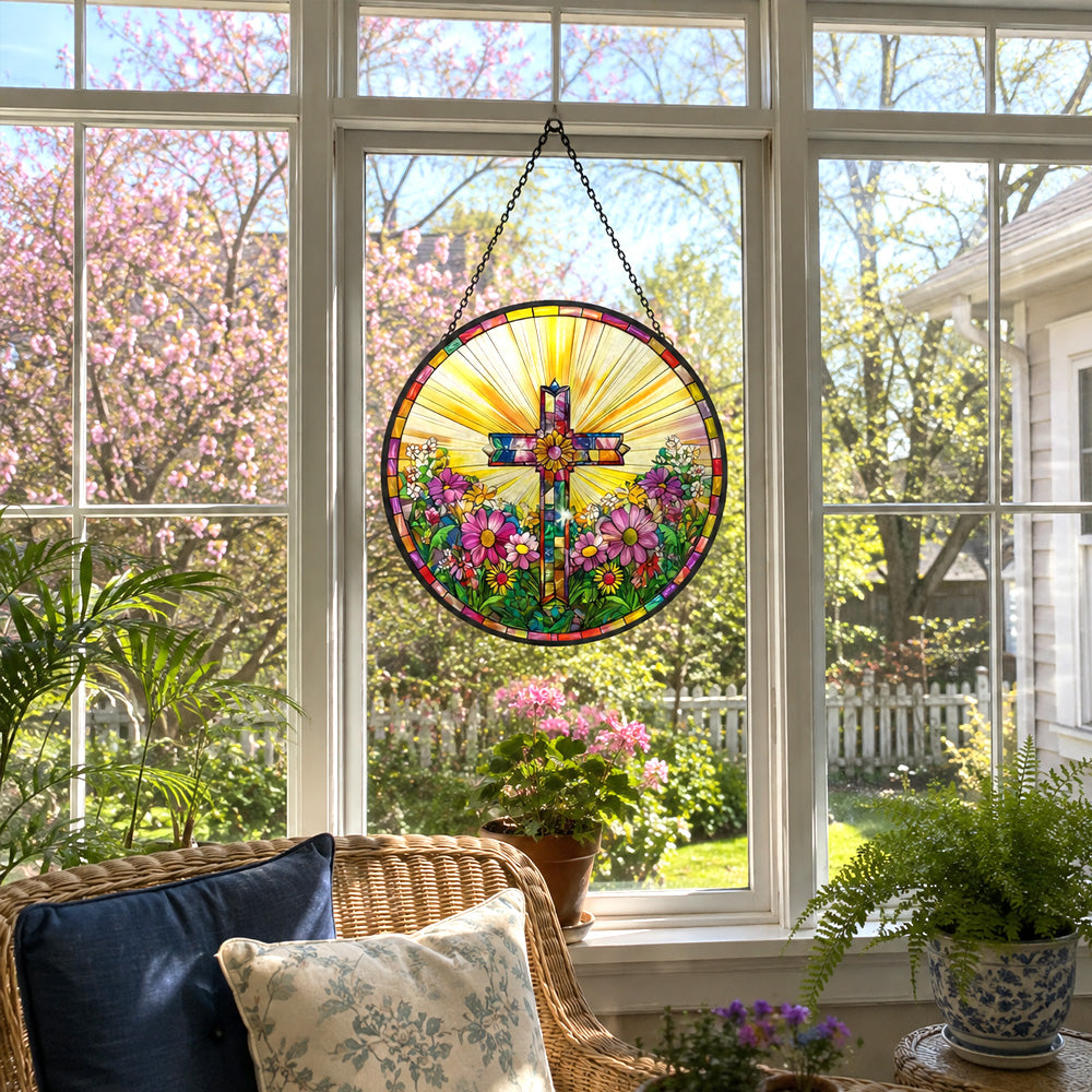 Sunrise cross stained glass suncatcher window hanging, suitable for home and garden decoration