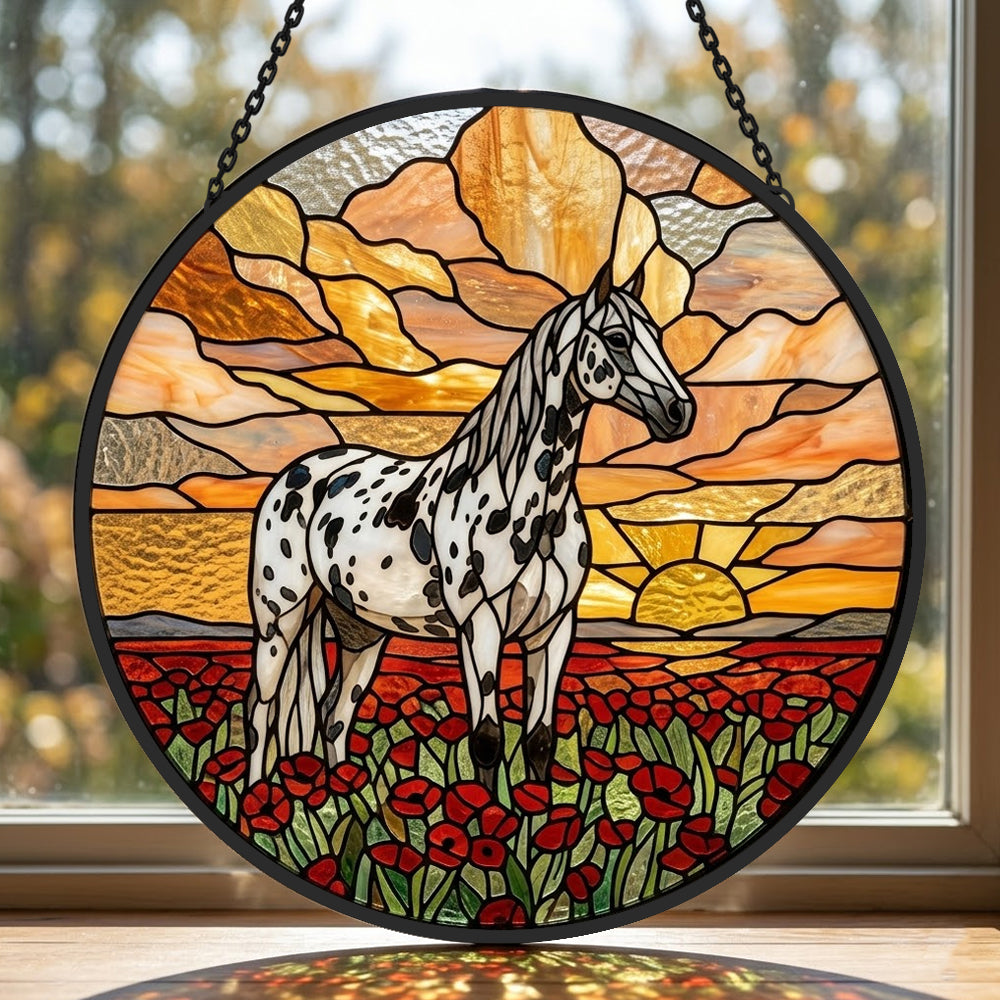Sunset appaloosa horse stained glass suncatcher window hanging, suitable for home and garden decoration 