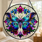 Teal butterfly floral wreath stained glass suncatcher window hanging, suitable for home and garden decoration