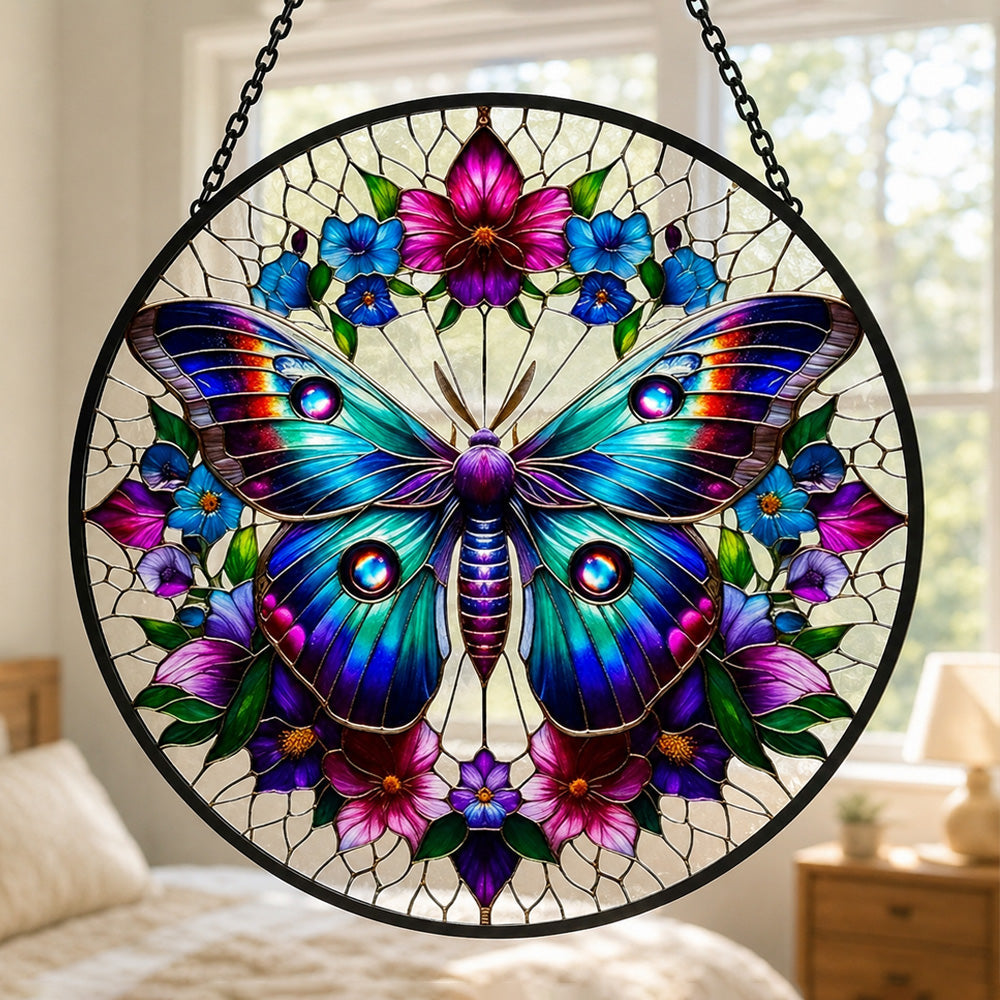 Teal butterfly floral wreath stained glass suncatcher window hanging, suitable for home and garden decoration