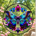 Teal butterfly floral wreath stained glass suncatcher window hanging, suitable for home and garden decoration