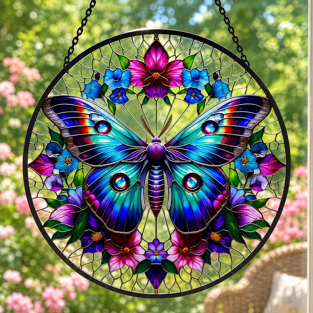 Teal butterfly floral wreath stained glass suncatcher window hanging, suitable for home and garden decoration