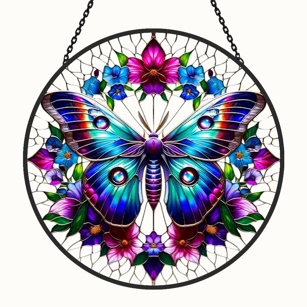 Teal butterfly floral wreath stained glass suncatcher window hanging, suitable for home and garden decoration
