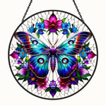 Teal butterfly floral wreath stained glass suncatcher window hanging, suitable for home and garden decoration