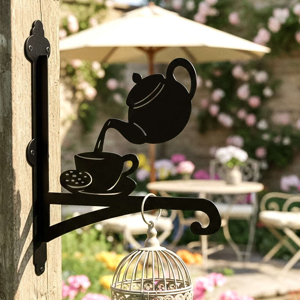 teapot teacup metal hanging basket bracket mounted on outdoor wall for plant decoration