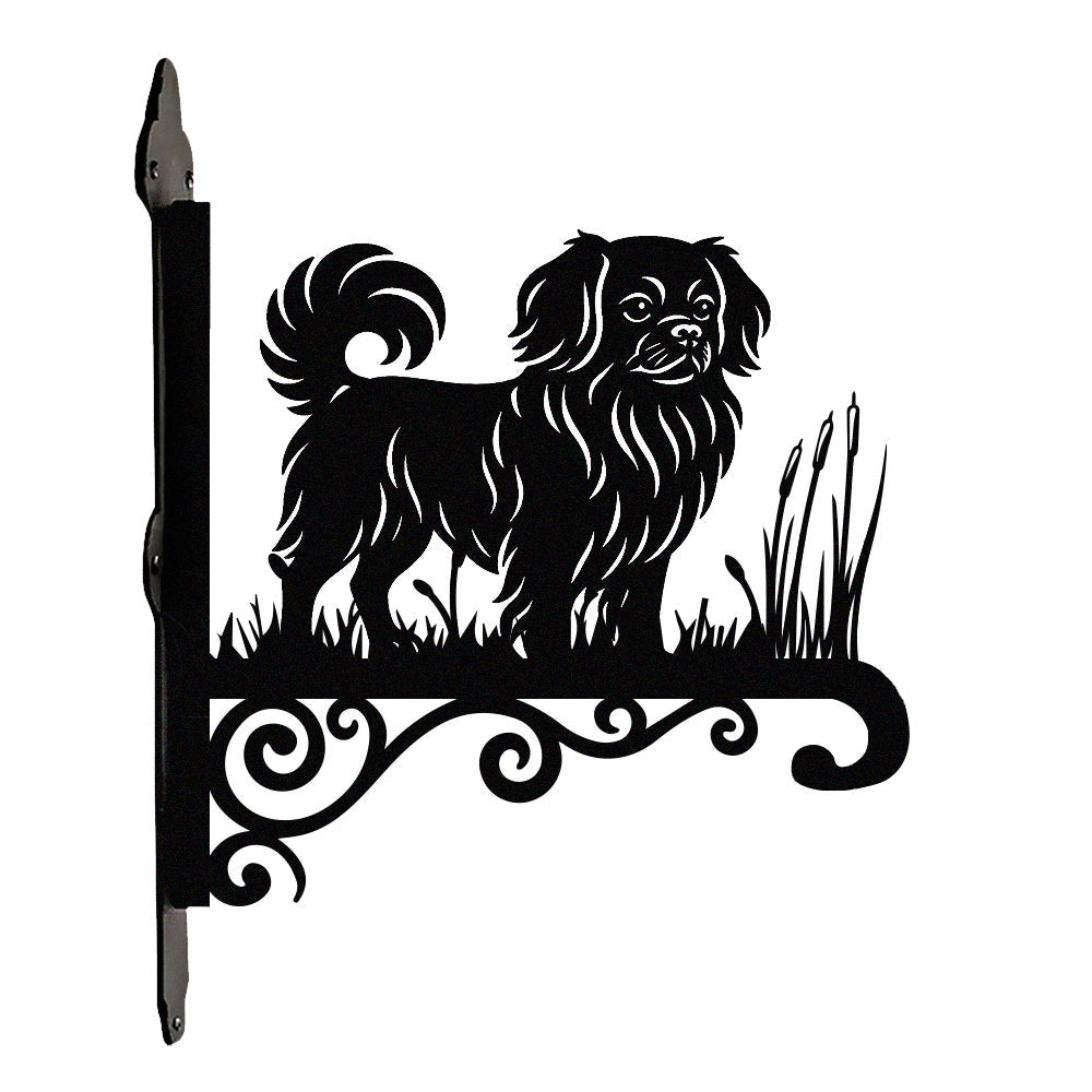Tibetan spaniel metal hanging basket bracket mounted on outdoor wall for plant decoration